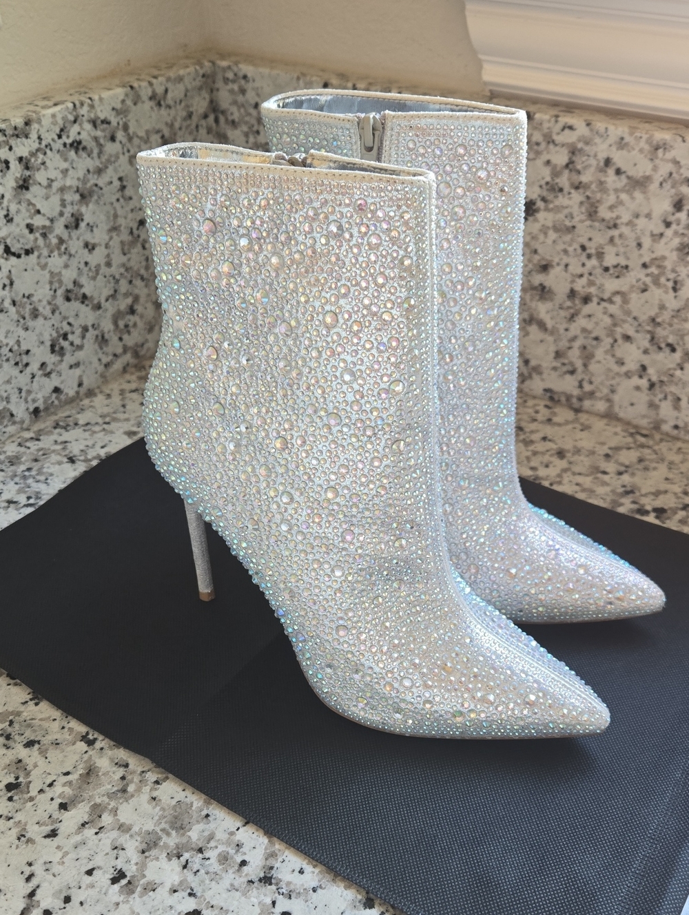 Crystal Embellished White High-Heel Ankle Boots
